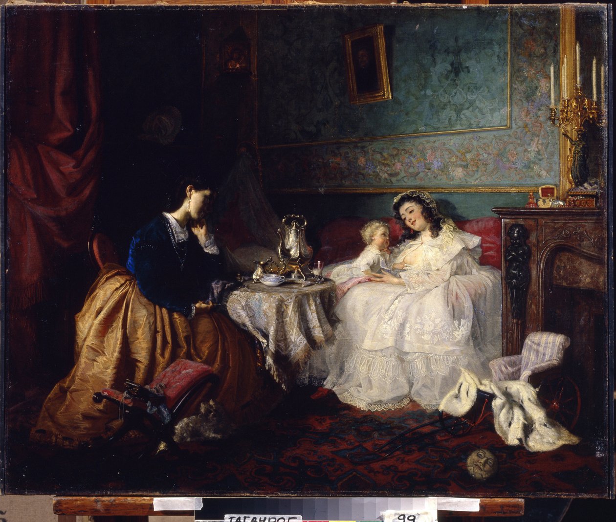 Den andra lyckan (The Other Luck). Scen av familjeliv, skildring av relation och moderskärlek. Målning av Grigori (Grigoriy, Grigory) Grigoryevich Myasoyedov (Myasoedov, Miasoedov) (1834-1911), olja på duk av Grigori Grigoryevich Myasoedov