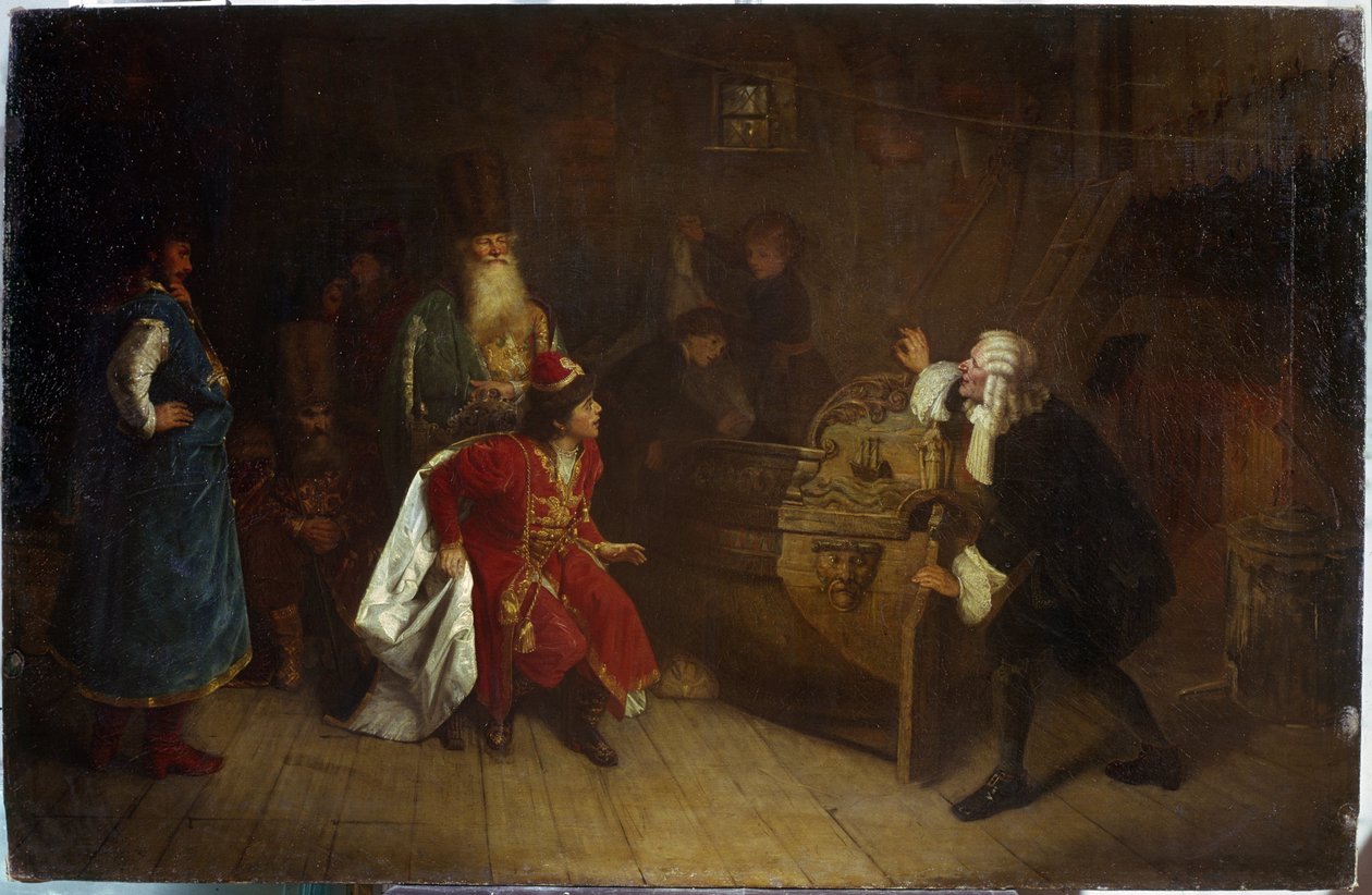 Den ryska flottans farfar. (Ryska flottans farfar). Scen från Peter I den stores barndom (1672-1725), i sin farfar Nikita Romanovs hus (?), upptäckte han en engelsk kanot, med ursprunget till hans passion för navigering. Målad av Grigori Grigoryevich Myasoedov