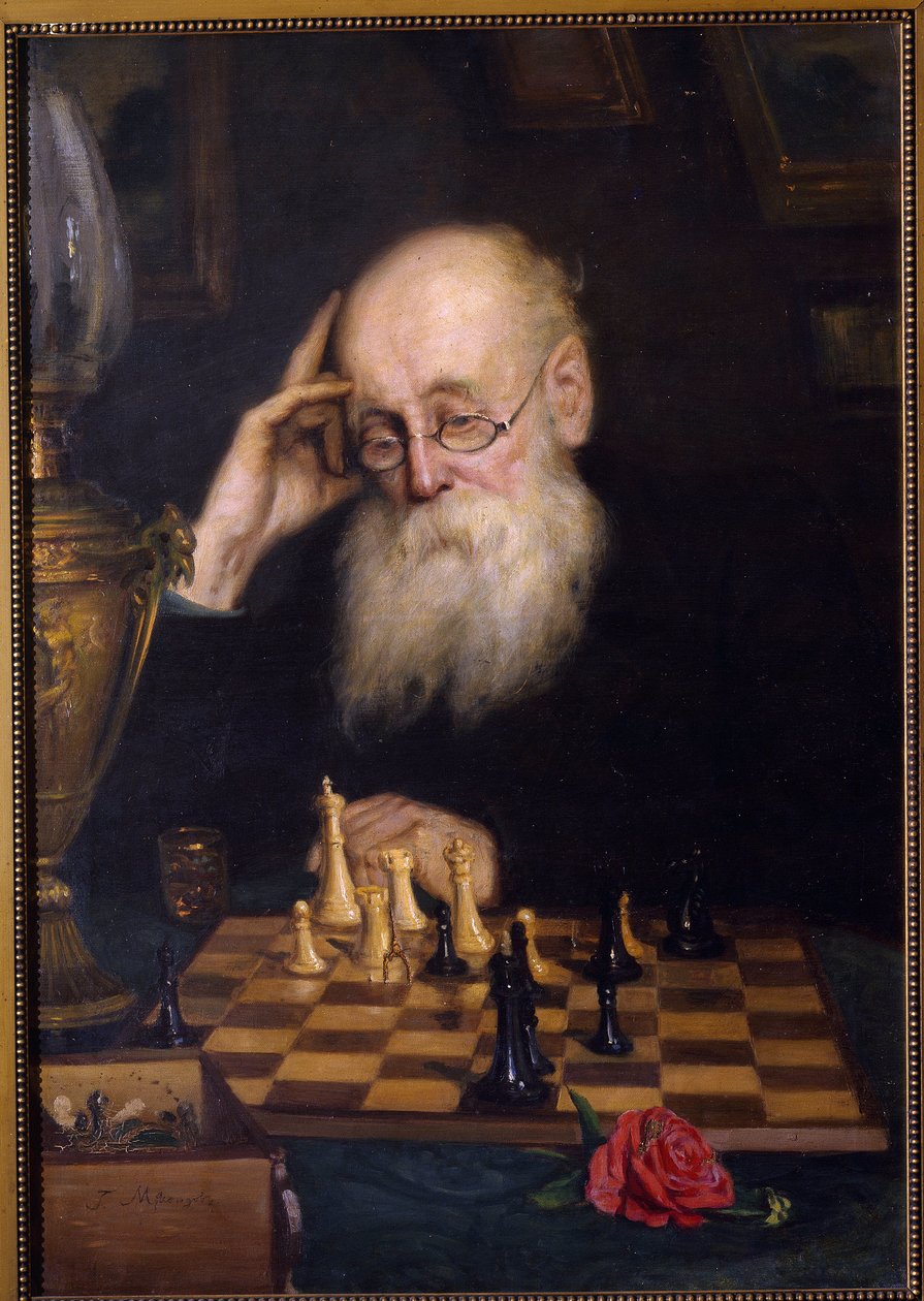 Schack mot sig själv (Schack med sig själv). Målning av Grigori (Grigoriy, Grigory) Grigoryevich Myasoyedov (Myasoedov, Miasoedov) (1834-1911), olja på duk av Grigori Grigoryevich Myasoedov