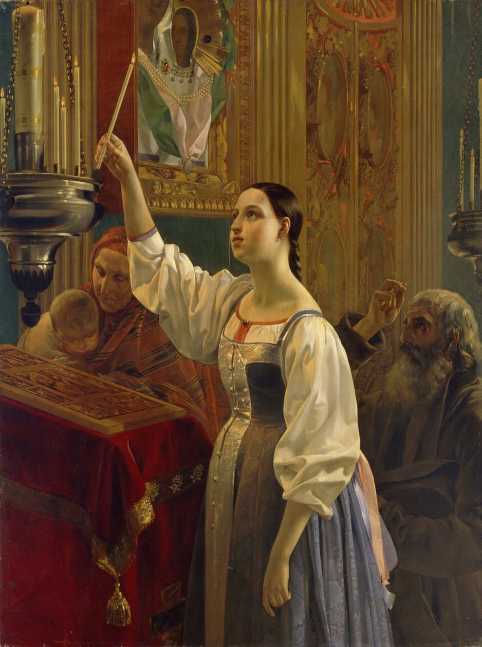 En flicka placerade ett ljus framför ikonen, 1842 av Grigori Karpovich Mikhaylov