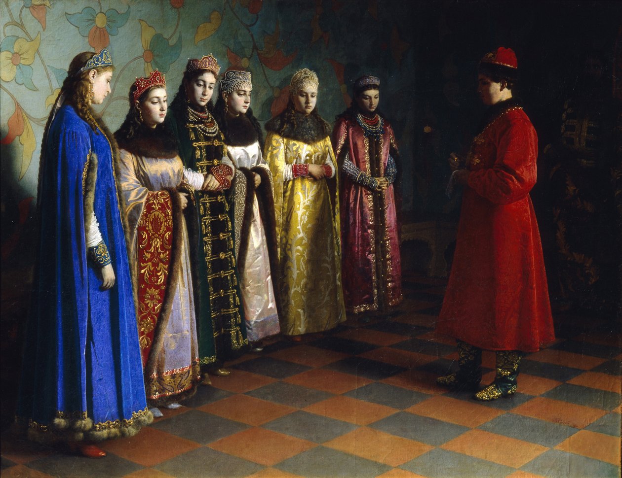Tsar Alexei Mikhailovich väljer en brud, 1882 av Grigori Semenovich Sedov