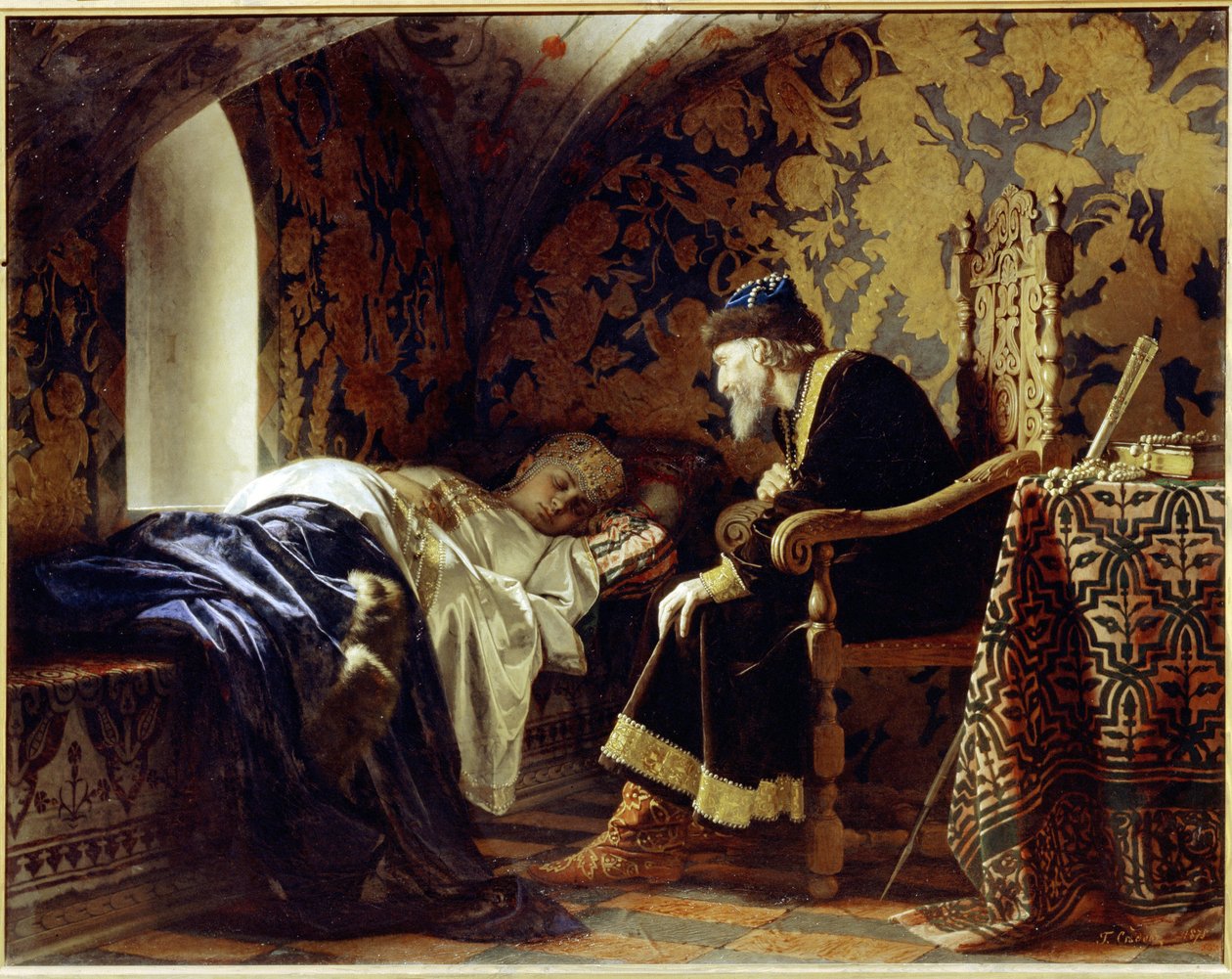 Vasilissa Melentieva (död 1579) och tsar Ivan IV den förskräcklige (1530-1584). (Vasilisa Melentyevna och tsaren Ivan den förskräcklige). Den unga och vackra kvinnan, tsarens sjätte hustru, sover på en bänk, under Ivan the Terrs ömma blick av Grigori Semenovich Sedov