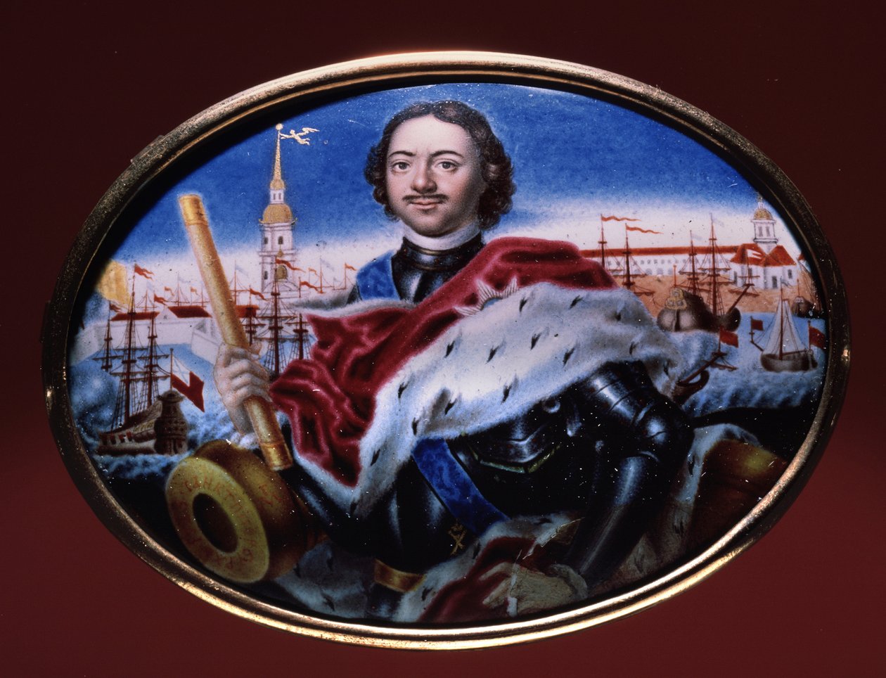Porträtt av kejsar Peter I den store (1672-1725), med utsikt över Sankt Peter och Sankt Pauls fästning i Sankt Petersburg. (Porträtt av kejsar Peter I med utsikt över Peter och Paul-fästningen i St Petersburg). Konstverk av Grigori Semyonovich Mu av Grigori Semyonovich Musiklysky