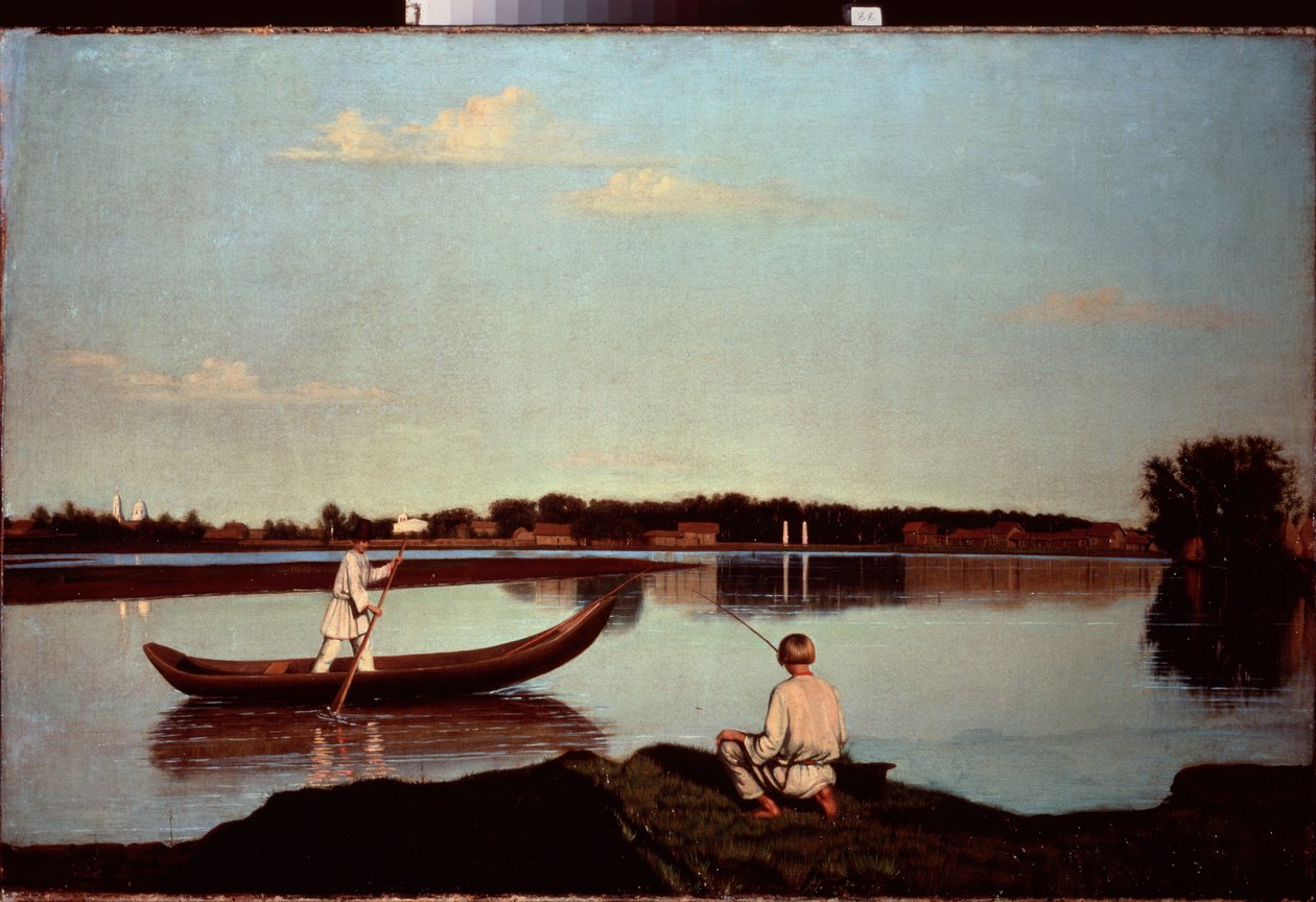 En linjefiskare (Och en ung roddare, som står i en båt) - En sportfiskare - Målning av Grigori Vasilyevich Soroka (1823-1863), olja på duk, cirka 1840 - Rysk konst av Grigori Vasilievich Soroka