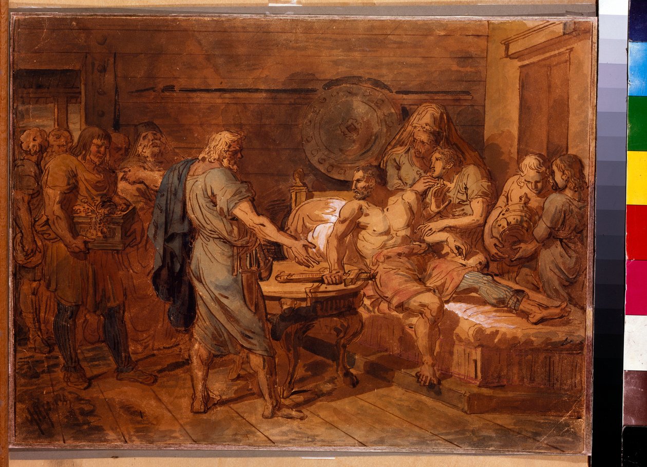 Kuzma Minins (död 1616) vädjan till prins Dmitri Pozharsky (1577-1642) - Verk av Grigori Ivanovich Ugryumov (Ugrioumov) (1764-1823), akvarell och vitt på papper, cirka 1800 (31,6x42 cm) - (Kuzma Mini) - (Kuzma Mini) prinsen Dmitrij Pozharsky, Wat av Grigoriy Ivanovich Ugryumov