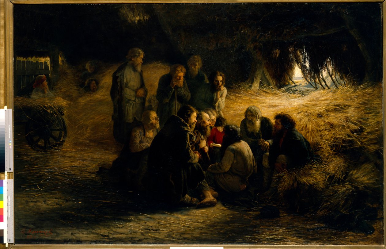 Avskaffande av livegenskapen i Ryssland: tillkännagivande av livegnas frigörelse 1861 (Announcement of livegenskapsreformen 1861) - Olja på duk av Grigori (Grigoriy, Grigory) Grigoryevich Myasoyedov (Myasoedov, Miasoedov) (1918134-1918134) av Grigoriy Myasoyedov