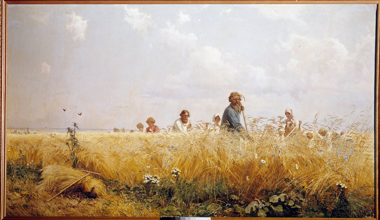 Skörda ryska bönder som klipper blesen. Målning av Grigori Miassoiedow (1835-1911) Peterhof från 1800-talet, slottets bibliotek av Grigoriy Myasoyedov