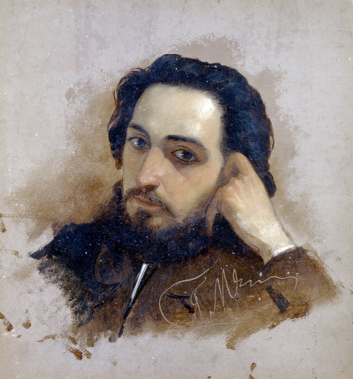 Porträtt av Vsevolod Mikhailovitch Garchine (1855-1888), ecrivain russe (Porträtt av författaren Vsevolod Garshin). Peinture de Grigori (Grigoriy, Grigory) Grigoryevich Myasoyedov (Myasoedov, Miasoedov) (1834-1911) - Huile sur kartong - Kislovodsk, Museum  av Grigoriy Myasoyedov