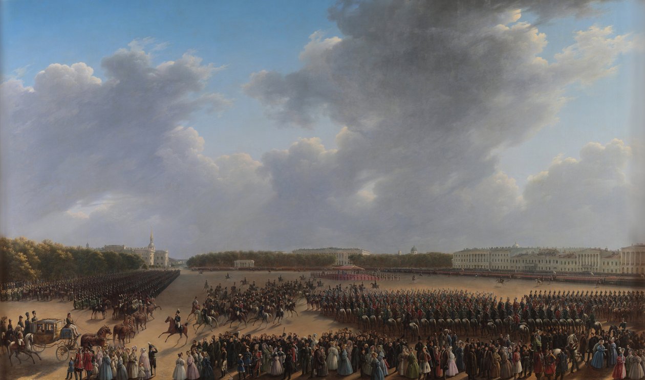 Parad som firar slutet av militär aktion i kungariket Polen på Tsaritsa Meadow i St Petersburg den 6 oktober 1831 av Grigory Chernetsov