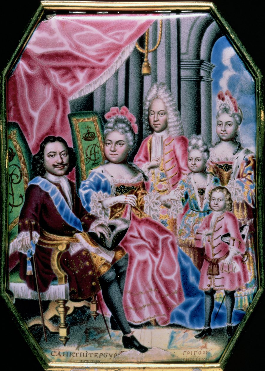 Kejsar Peter I den stores (1672-1725) familj, 1717 (emalj) av Grigory Semyonovich Musikiysky