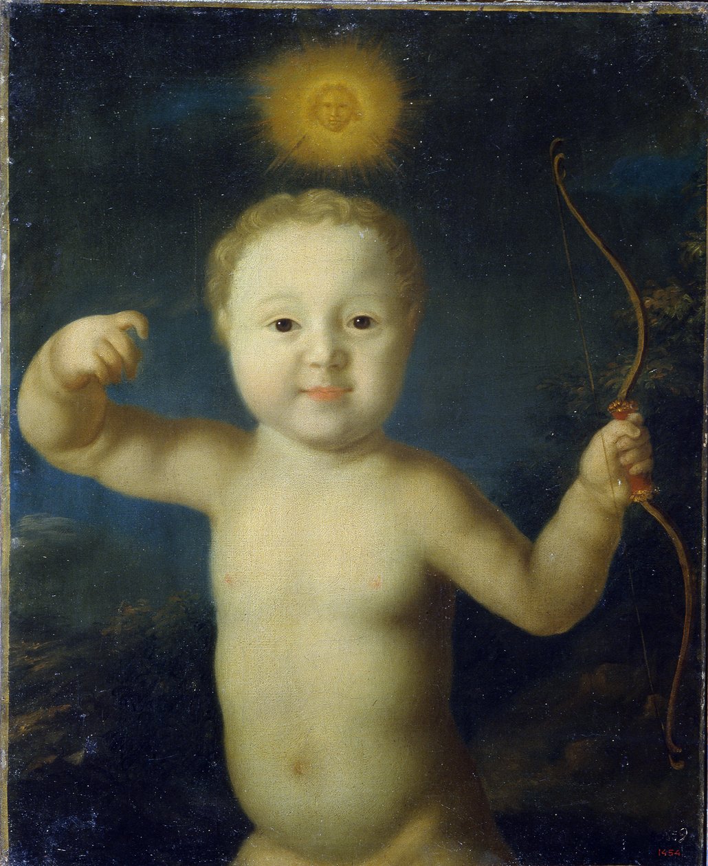 Porträtt av Tsarevich Alexis Petrovich av Ryssland (1690-1718). (Porträtt av Tsarevich Alexei Petrovich av Ryssland). Representerar bebis i Eros, naken som håller i sin båge och överträffad av en sol mitt i natten. Målning av Grigori Dmitrievich Molchanov  av Grigory Dmitriev Molchanov