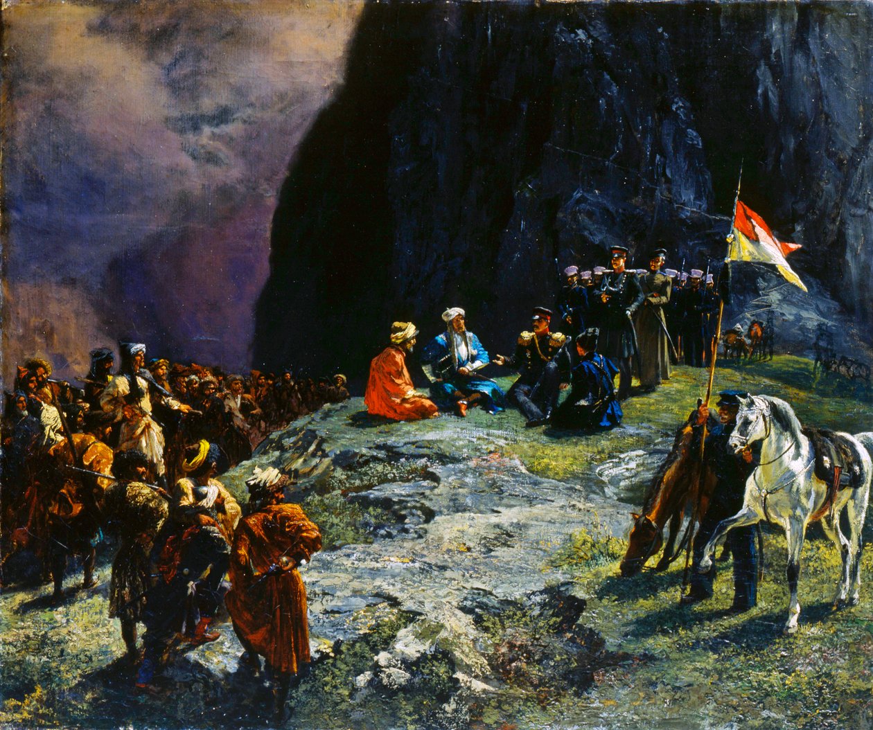 General Klüke von Klügenau och Imam Shamils möte 1837, 1849. av Grigory Gagarin