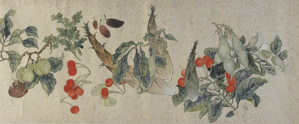 Grönsaker och frukter, Qingdynastin, 1828 (bläck och färg på guldfläckat papper) av Gu Luo