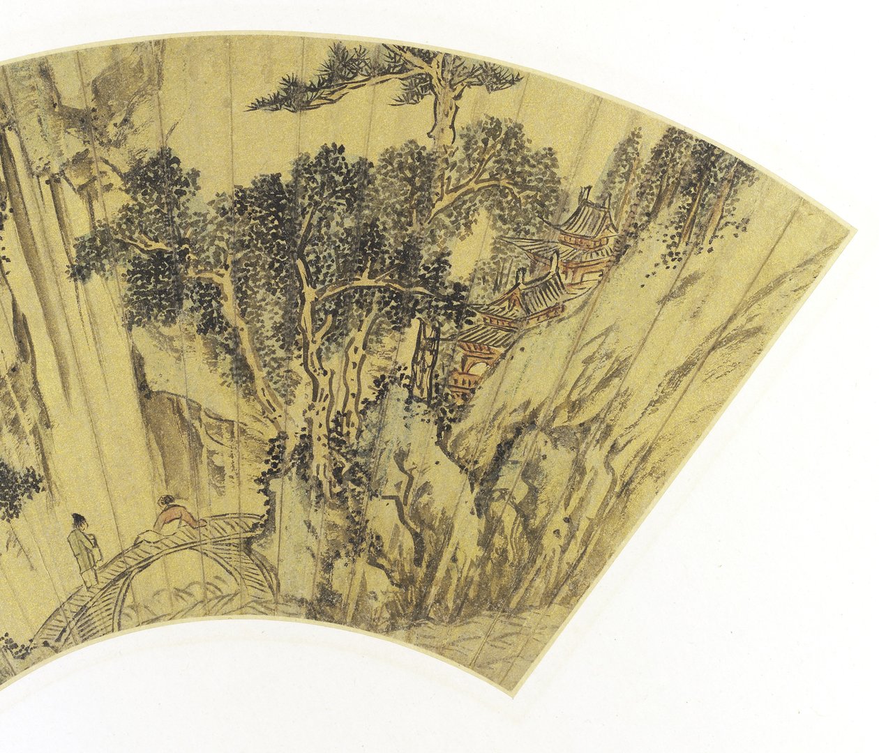 Detalj av bergslandskap med två figurer på en bro, 1558 bläck och färger på guldpapper av Gu Qian