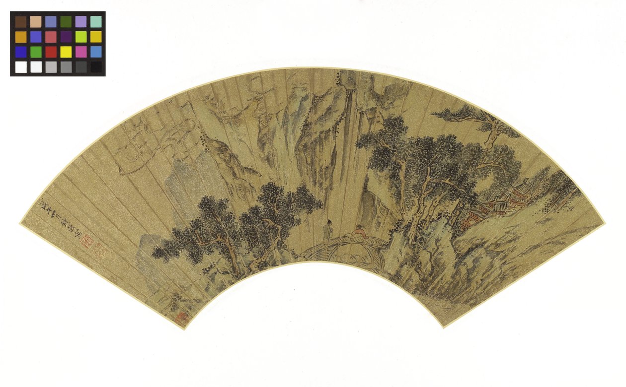 Bergigt landskap med två figurer på en bro, 1558 (bläck och färger på guldpapper) av Gu Qian