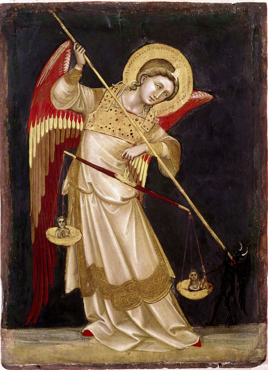 Ängel som väger en själ på en våg Trämålning av Guariento di Arpo (1338-1370) Museo Civico från 1300-talet, Padua av Guariento di Arpo