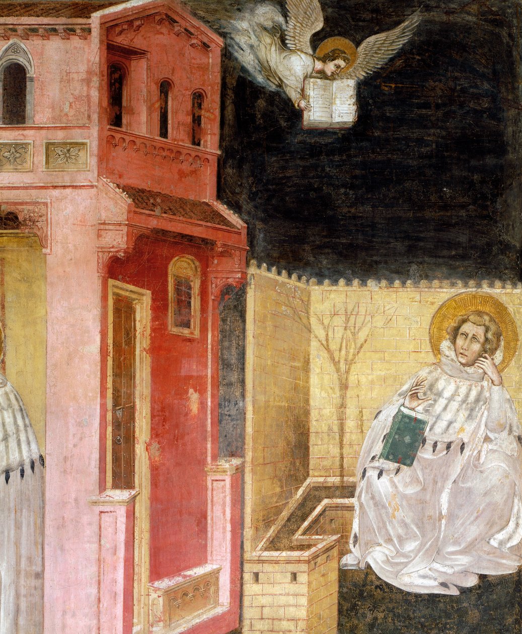 Ängelns uppenbarelse, detalj från Vision of St Augustine, scen från Stories of St Philip and St Augustine, av Guariento (aktiv sedan 1338, död ca 1367), fresk, Eremitanikyrkan (Eremiterna), Padua, Veneto. Italien av Guariento di Arpo