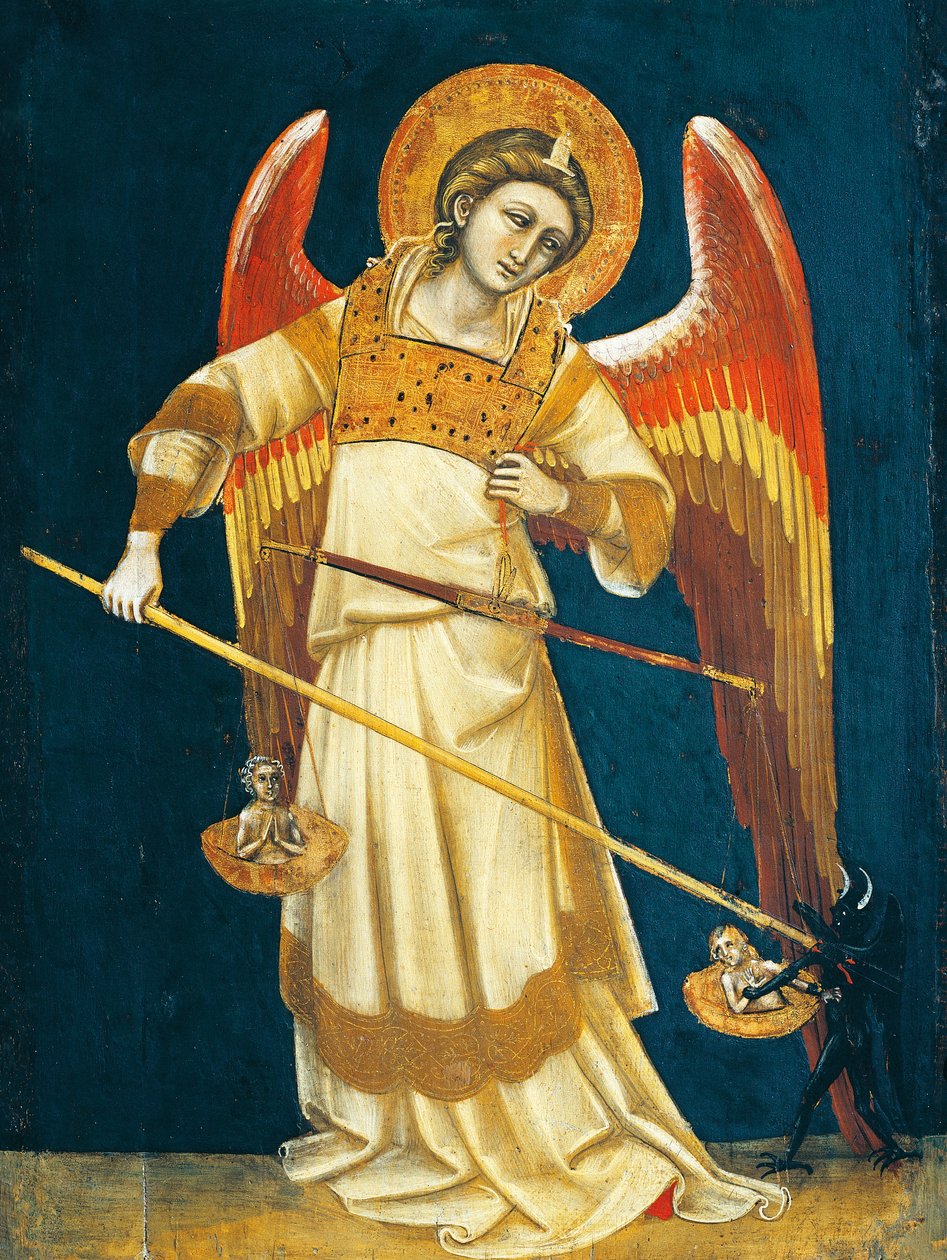 Ärkeängeln Michael väger själar, cirka 1354, av Guariento (aktiv 1338-1367 eller 1370), tempera på panel av Guariento di Arpo