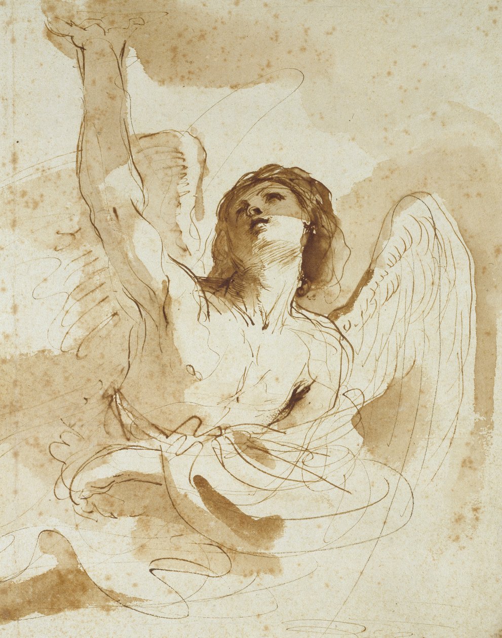 En ängel (penna och brunt bläck med brun tvätt på off-white papper) av Giovanni Francesco Barbieri