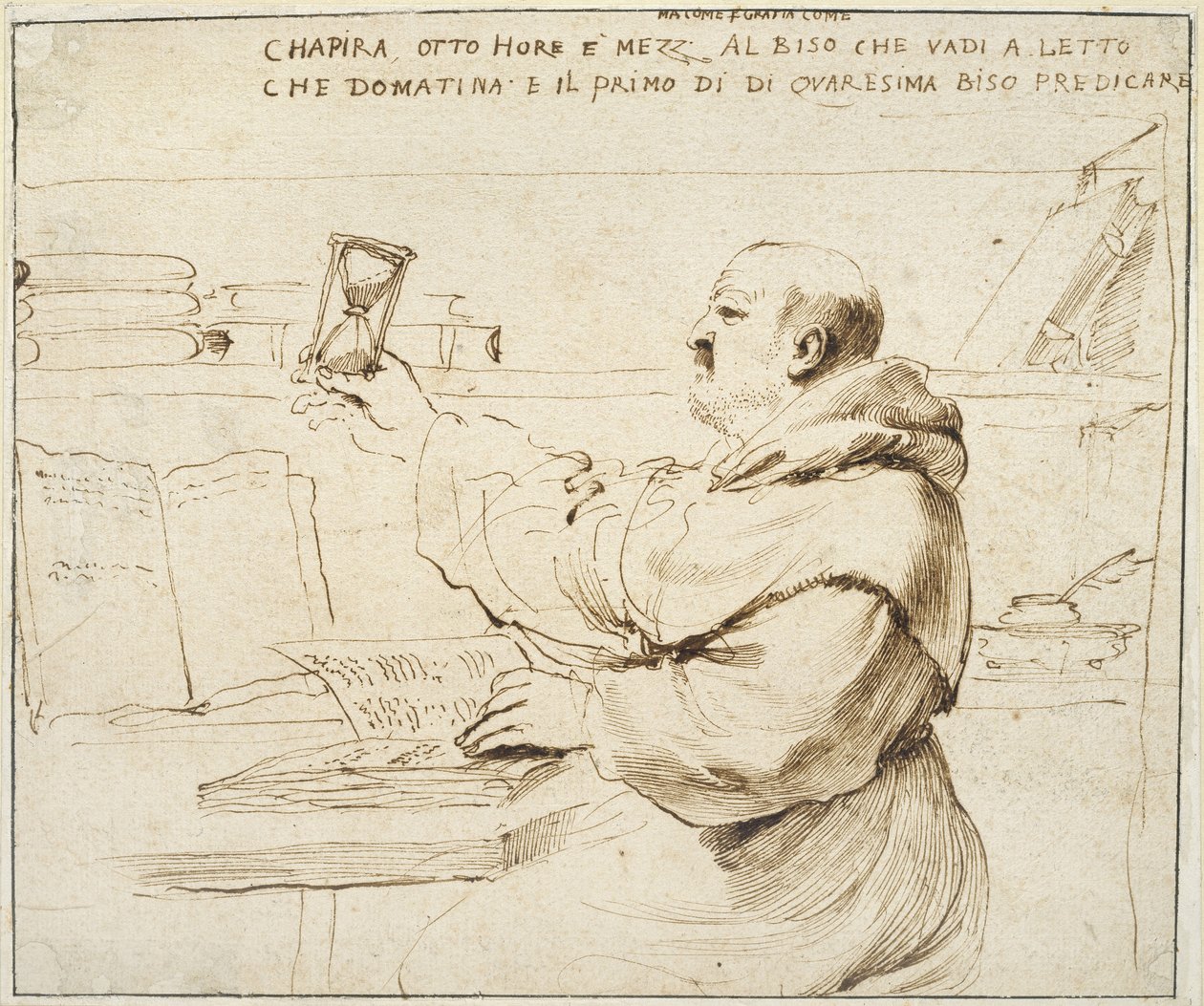 Karikatyr av Fra Bonaventura Bisi, 1655 - 1659 (penna och brunt bläck på benvitt papper) av Giovanni Francesco Barbieri