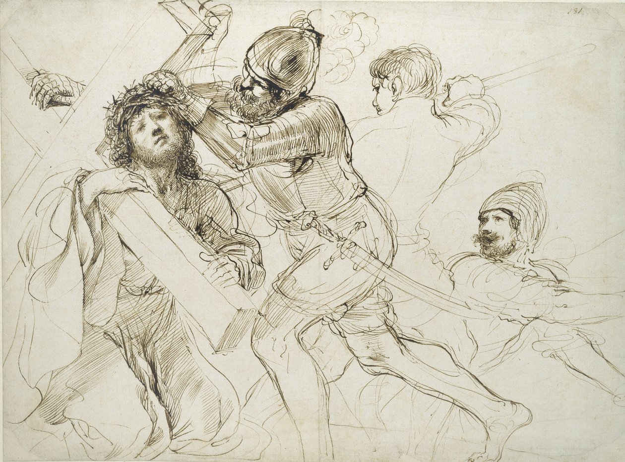 Kristus bär korset, ca 1625 - 1628 (penna och brunt bläck på vitt papper) av Giovanni Francesco Barbieri