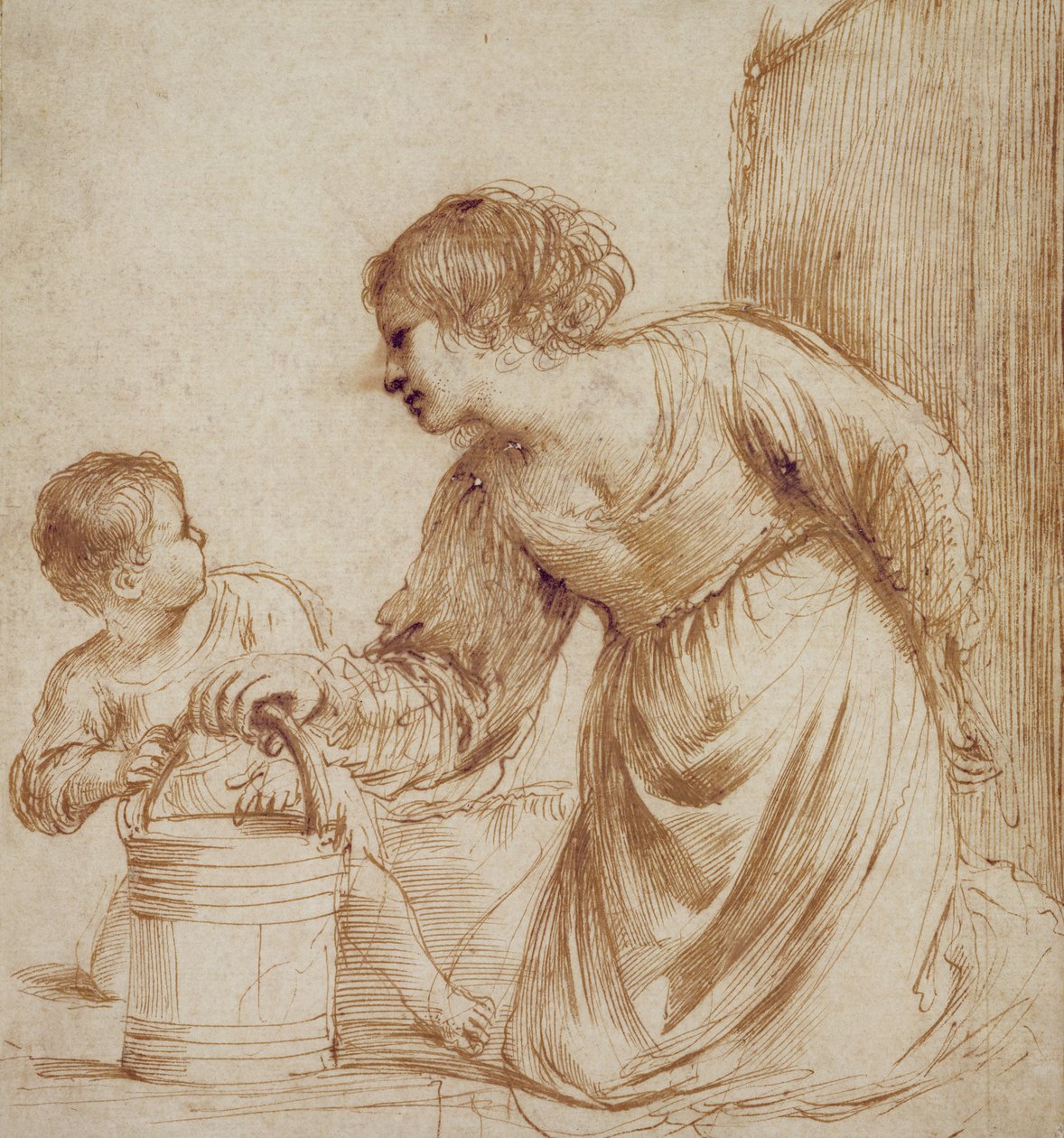 Mor och barn med hink av Giovanni Francesco Barbieri