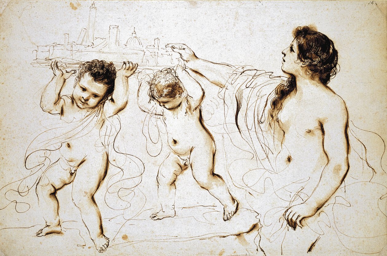The Emblem of the City of Bologna, 1625 - 1629 (penna och brunt bläck med brun tvätt på vitt papper) av Giovanni Francesco Barbieri