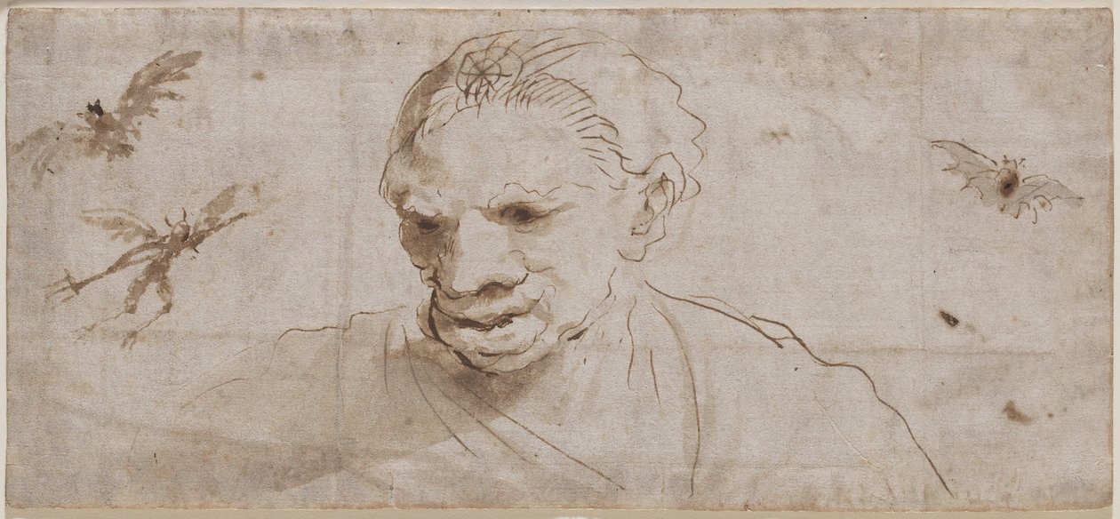 En häxa, två fladdermöss och en demon på flykt, tidigt 1600-tal (penna & brunt bläck med brun tvätt på papper) av Giovanni Francesco Barbieri
