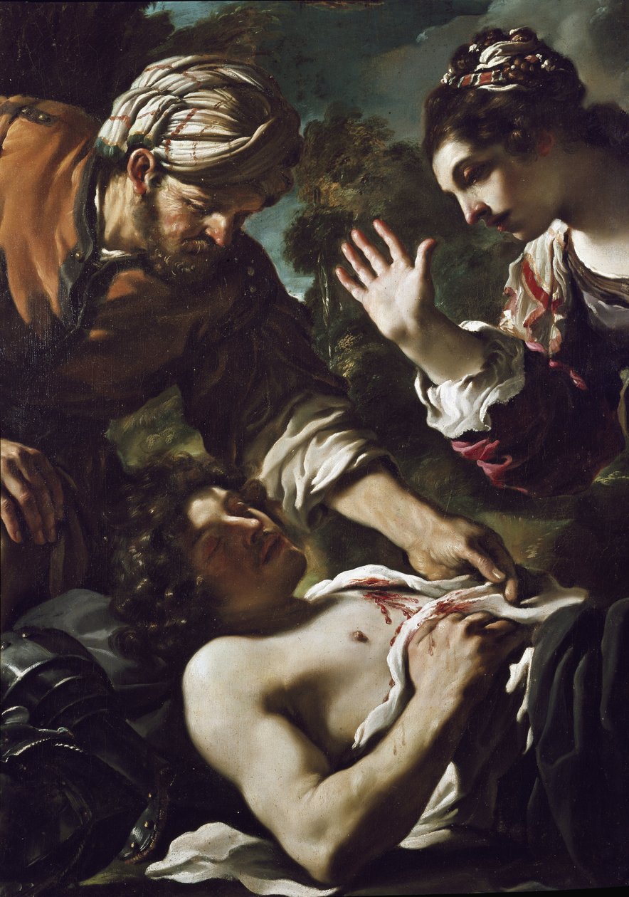 Herminie (Erminia) upptäcker Tancrede vett (detalj) av Guercino