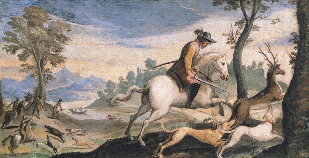 Jakt på rådjur och vildsvin, av Giovanni Francesco Barbieri, känd som Guercino (1591-1666), fresk, 53x101 cm av Guercino
