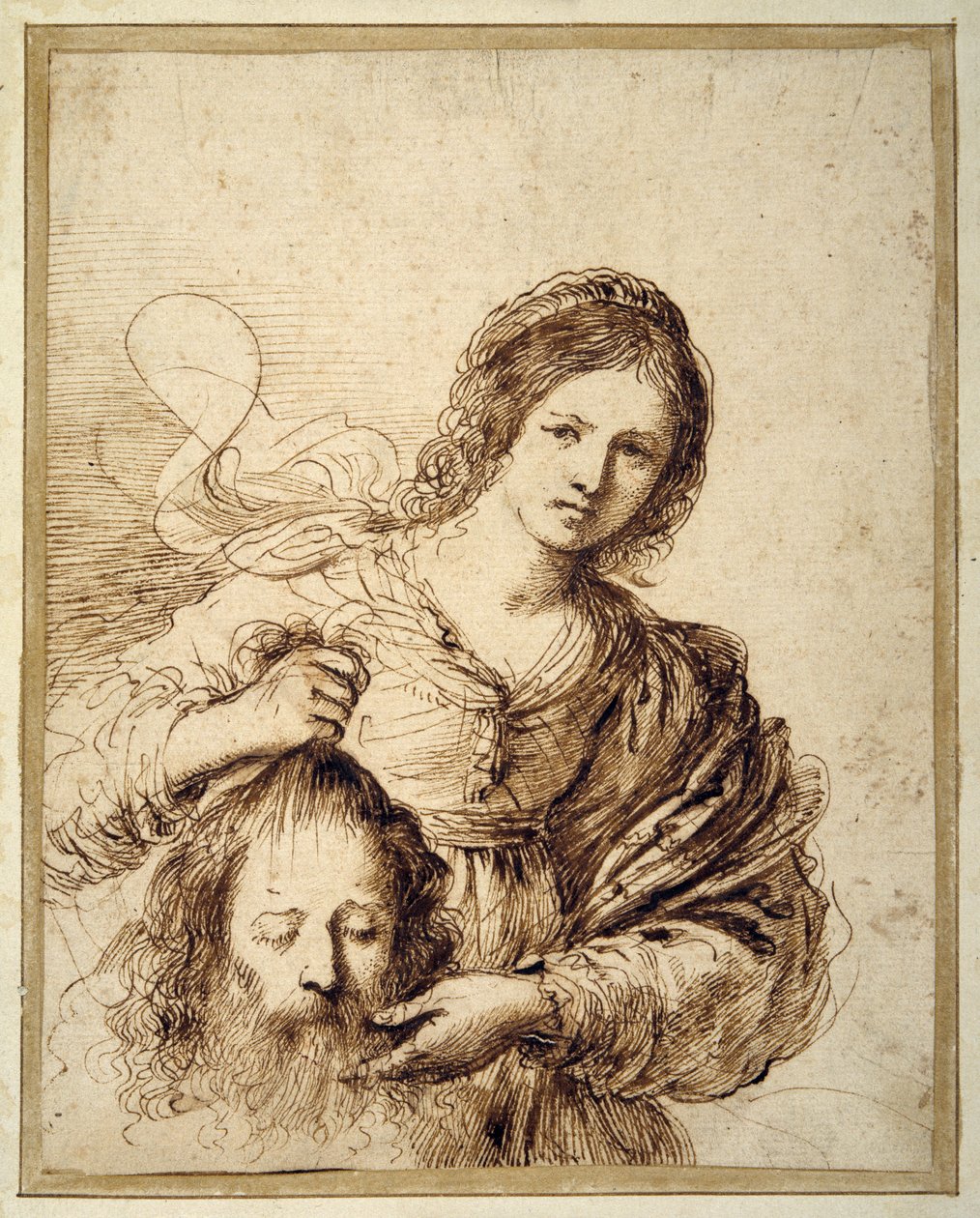 Judith med huvudet av Holofernes (penna & brunt bläck på krämpapper) av Guercino (1591 1666)
