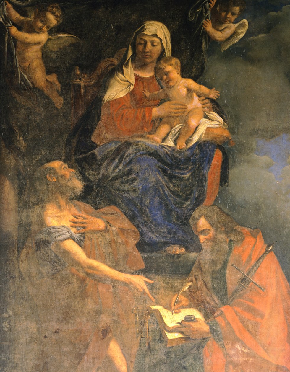 Madonna och barn med de heliga Peter och Paulus av Giovanni Francesco Barbieri, känd som Guercino (1591-1666), olja på duk, detalj, St Peter och Paulus kapell, Pavia av Guercino