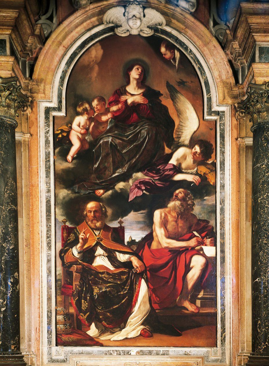 Maria antagande med St Peter och St Hieronymus, av Giovanni Francesco Barbieri, känd som Guercino (1591-1666), olja på duk. Santa Maria Assunta-katedralen, Reggio Emilia. av Guercino