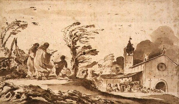 PD.1-1987 Landskap med begravningsprocession (bläck & tvätt) av Guercino