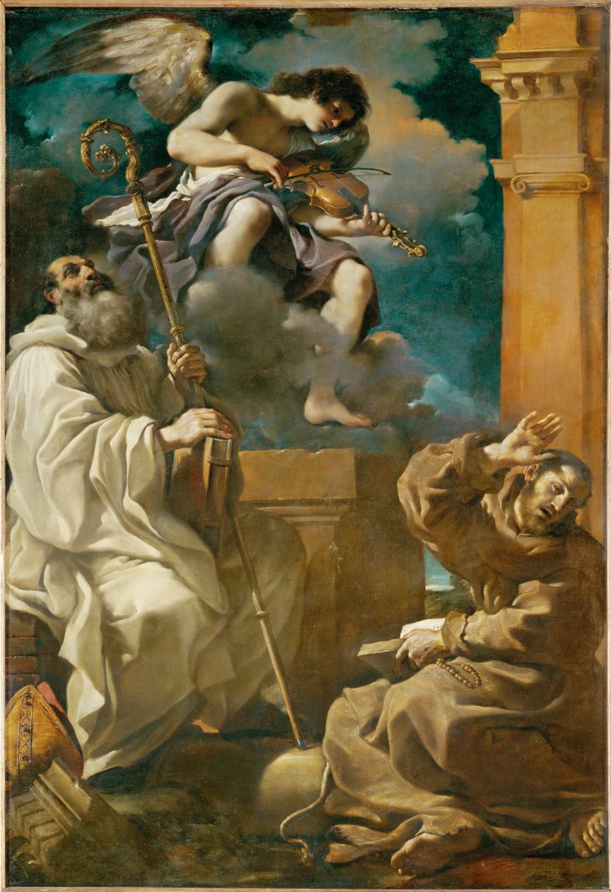 Sankt Franciskus i extas och Sankt Benedictus med en ängel ... av Guercino (1591-1666)