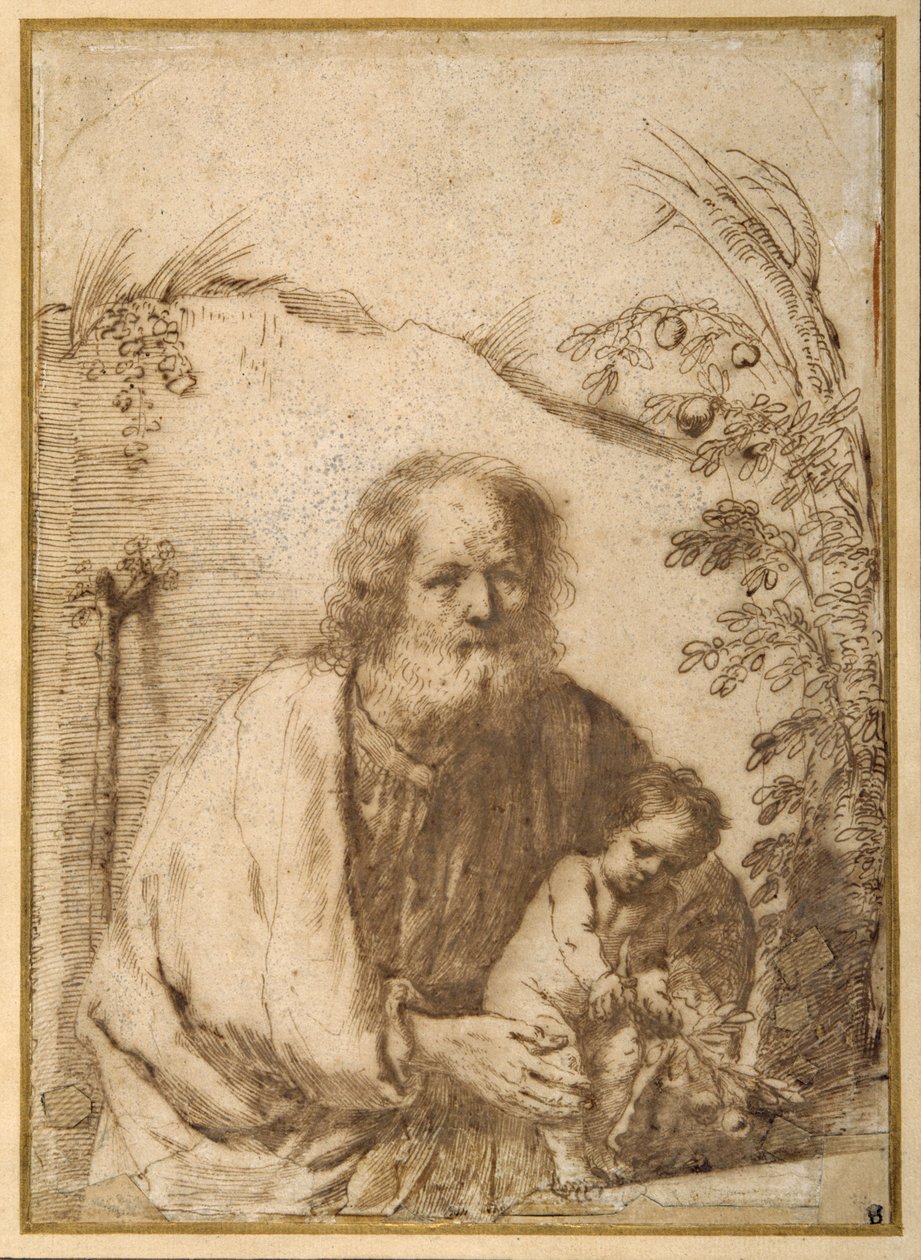 St. Josef och Kristusbarnet som greppar en kvist av ett äppelträd (penna och bläck på papper) av Guercino