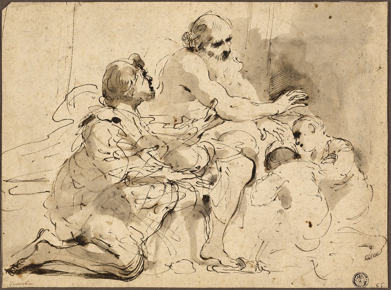 Studie till Jakob välsignar Josefs söner, ca 1620 (penna  brunt bläck med pensel, grå och brun lav) av Guercino (1591 1666)