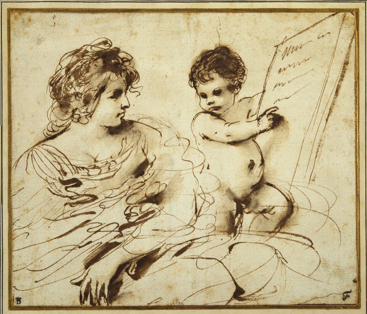 En sittande sibylla åtföljd av en putto som håller upp en stor inskriven tablett (penna & brunt bläck med tvätt på papper) av Guercino