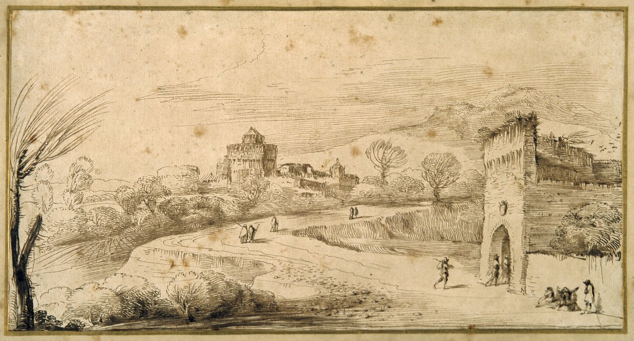 Landskap med en krenelerad portbyggnad och en slingrande väg (penna och bläck på papper) av Guercino