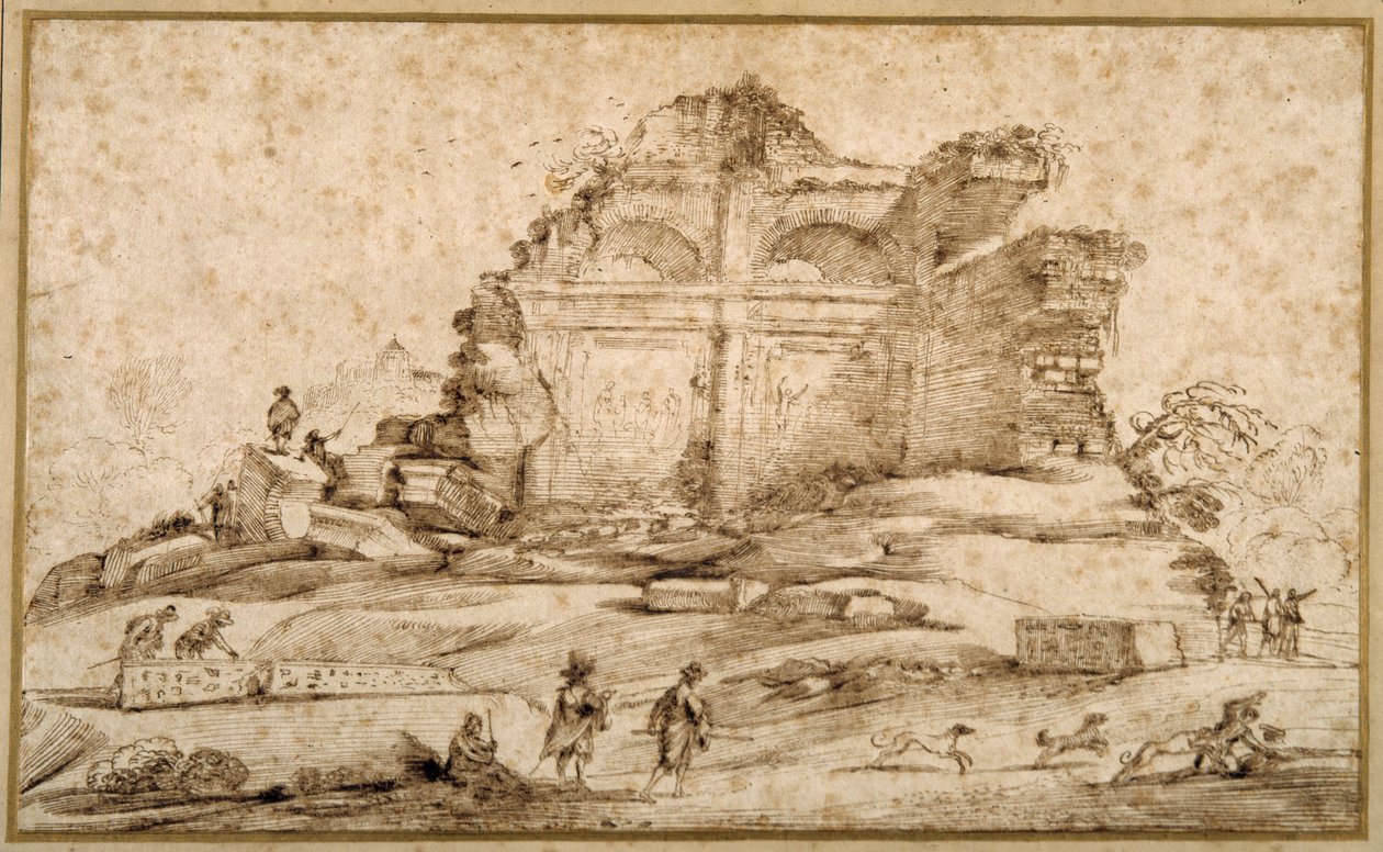 Landskap med klassiska ruiner och en ungdom attackerad av hundar (penna och bläck på papper) av Guercino