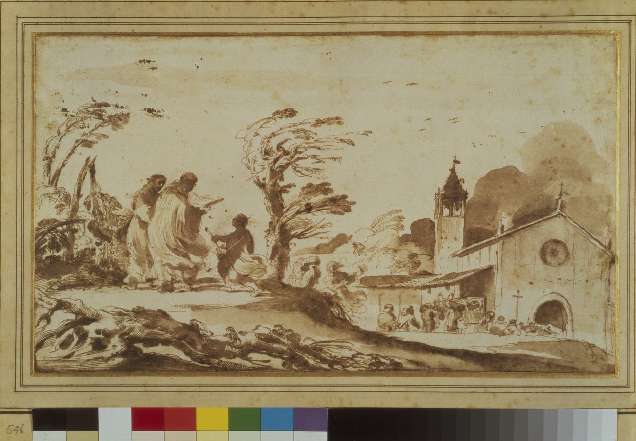 Landskap med figurer vid en kyrka (penna & bläck och tvätt på papper) av Guercino