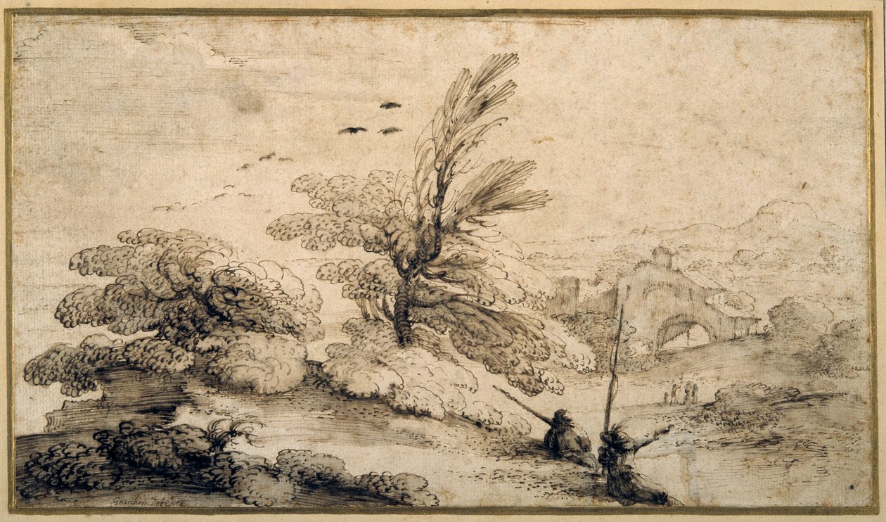 Landskap med två fiskare som vilar (penna och bläck på papper) av Guercino