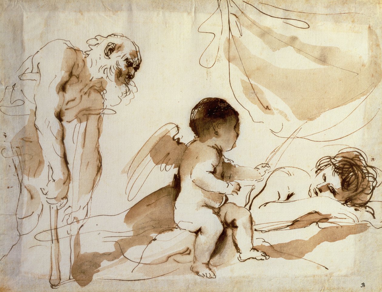 Man på kryckor, Amor och sovande Venus (penna, bläck och tvätt på papper) av Guercino