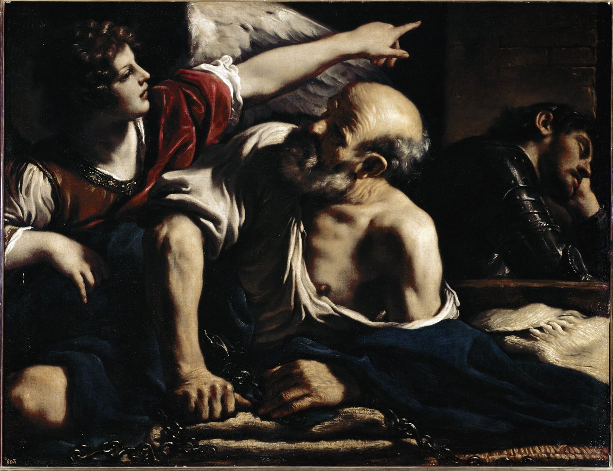 Sankt Peter befriar av en ängel - Olja på duk, cirka 1622 av Guercino