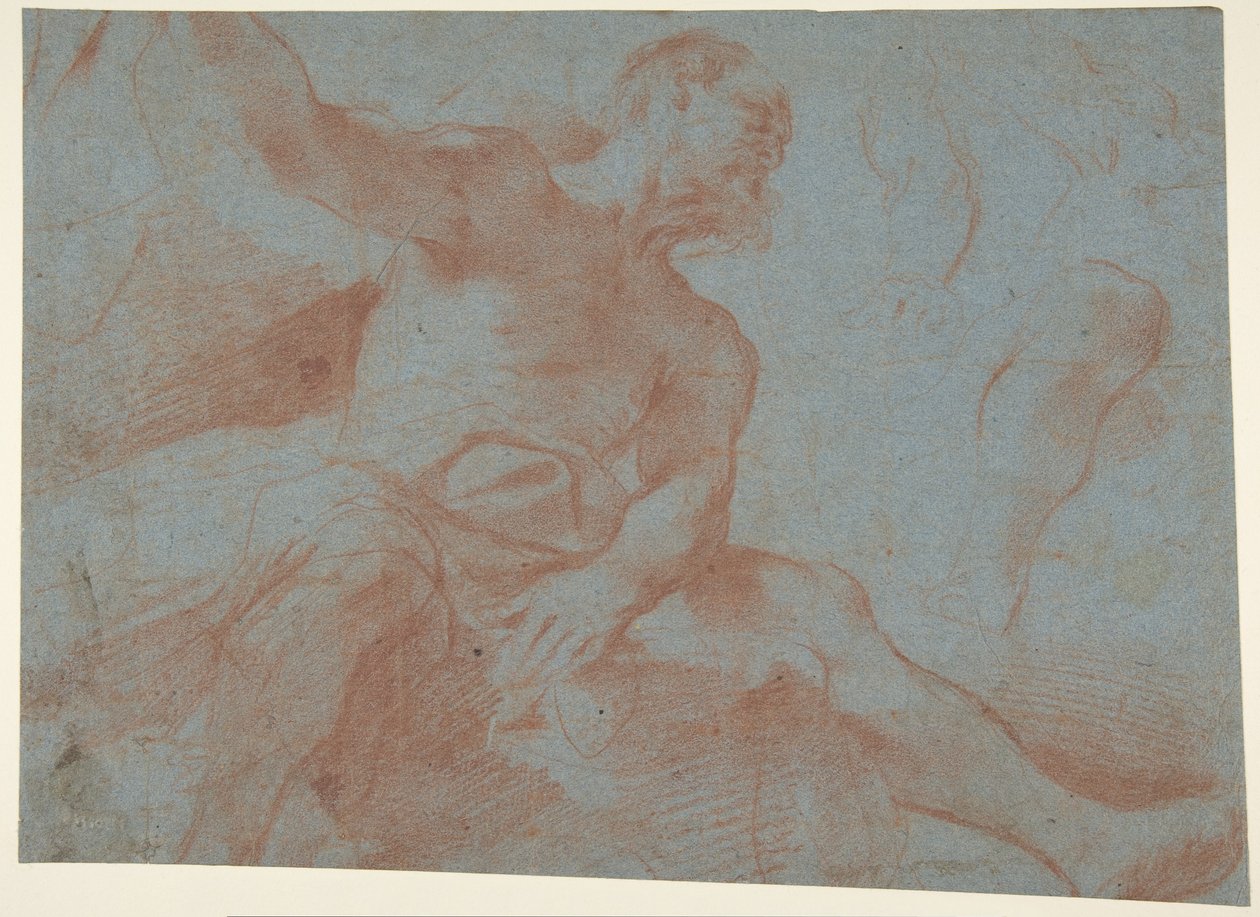 Sittande gammal man med höger arm upphöjd (Tithonus) (recto) av Guercino