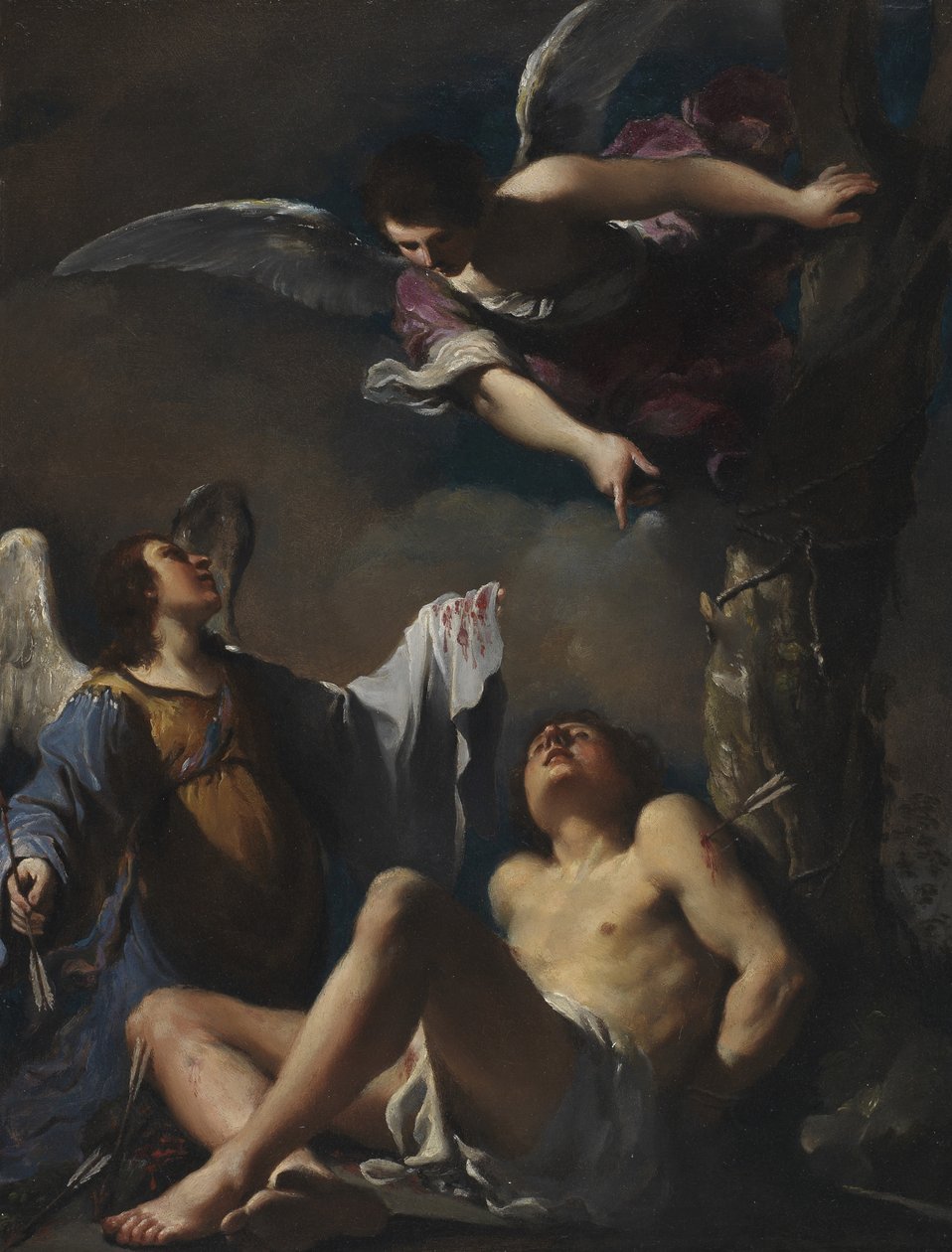 St. Sebastian understödd av två änglar av Guercino