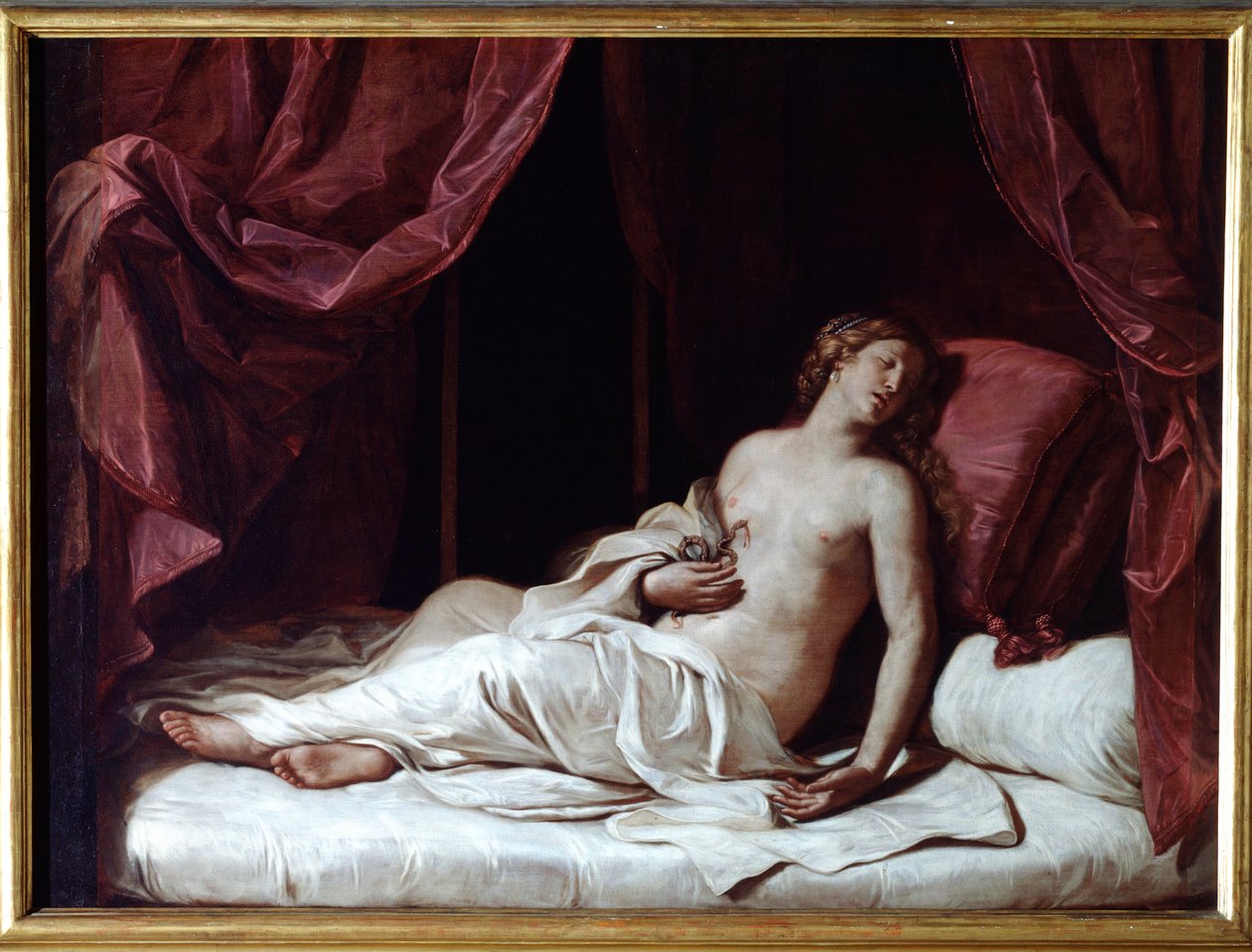 Drottning Cleopatras död Cleopatra VIIs självmord Thea Philopator (69-30 f.Kr.), drottning av det antika Egypten - (Drottning Kleopatras död) Målning av Guercino (Giovan Francesco Barbieri) (Guerchin) (1591-1666) 17648 Dim 1737x cm Genes, Musei di Strada av Guercino