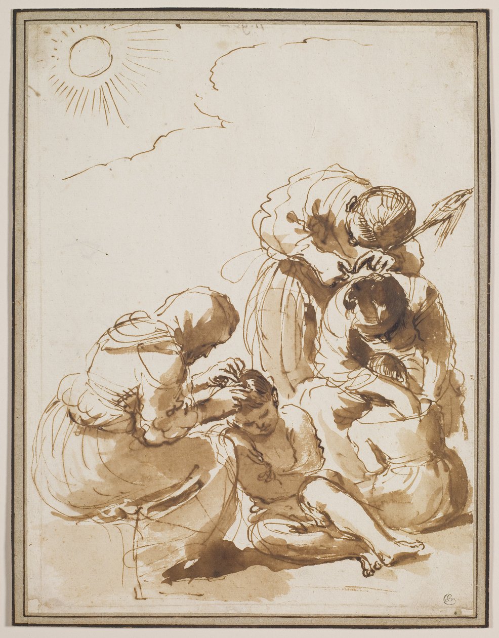 The Louse Hunters, tidigt 1620-tal (penna  bläck med lavering på papper) av Guercino (1591-1666)