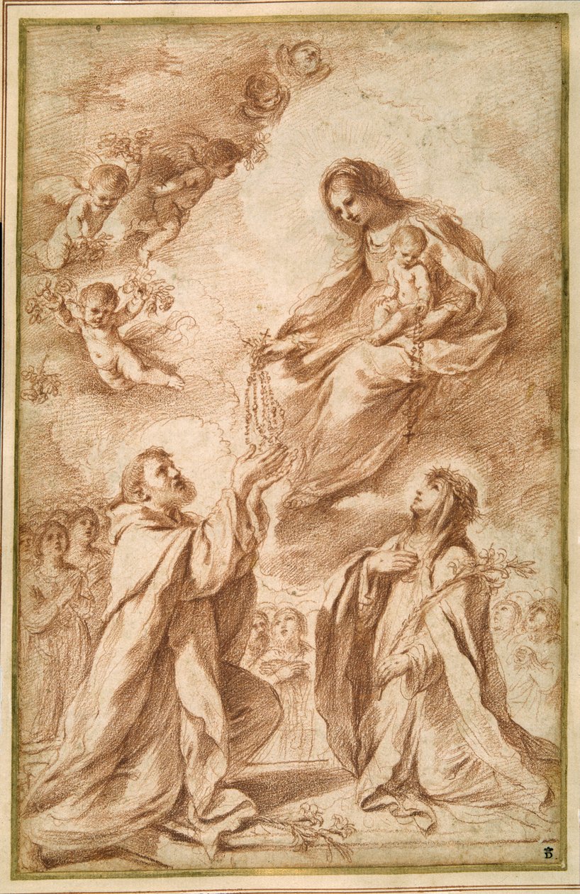 "Madonna del Rosario" med St Dominic och St. Catherine av Siena (röd krita på papper) av Guercino