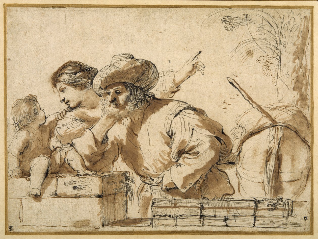 The Rest on the Flight (penna och bläck med tvätt på papper) av Guercino